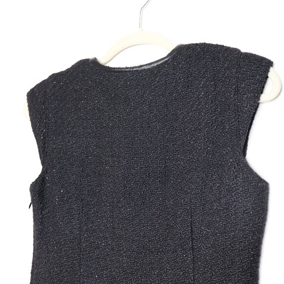 JULIETTE LONGUET Cap Sleeve Tweed Sheath Dress Leather Trim Black Women's 4 - Picture 6 of 11